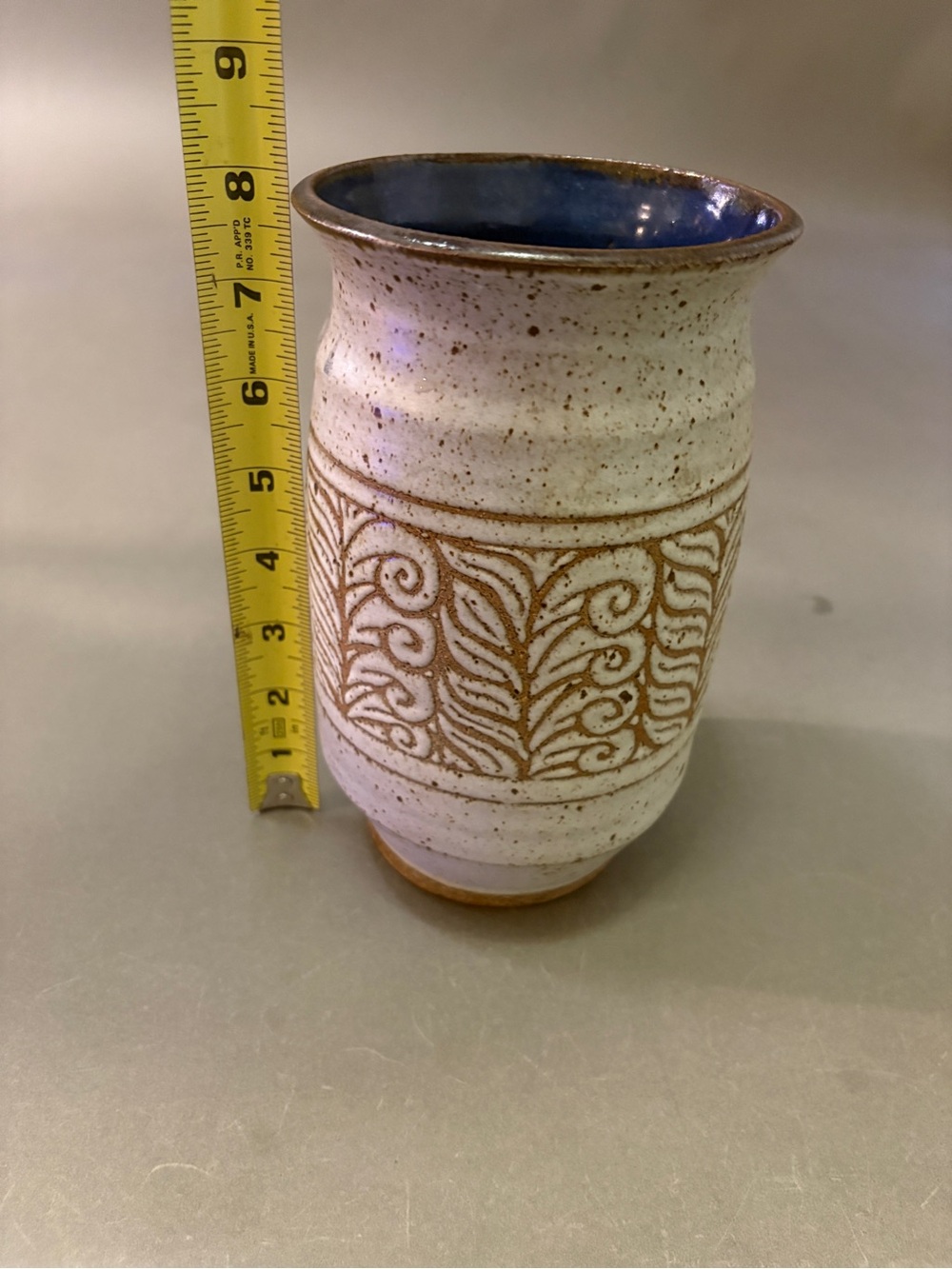 Speckled Cream Ceramic Vase with Blue Interior
